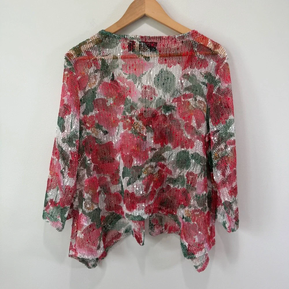 Nina Leonard Floral Mesh Lagenlook Boho Cardigan L Floral Sequin Wood Buttons